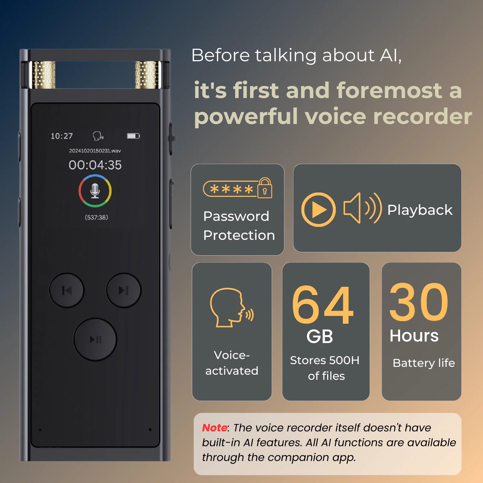 AI Voice Recorder transcription, Translation, Summary, Mind Mapping, Voice Activation 64GB Aluminum Dictaphone [AI Version] - Merit Sell