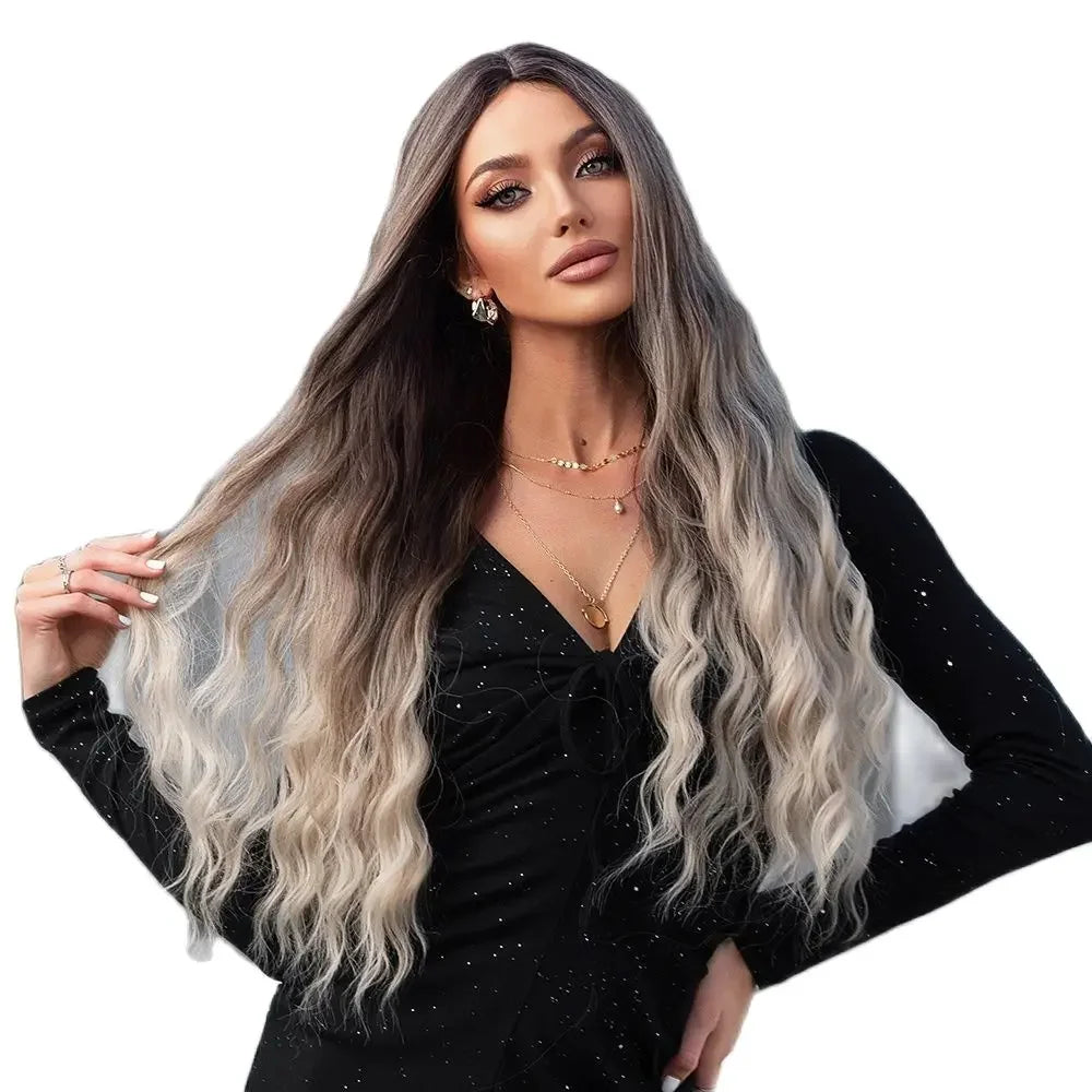 ALAN EATON Long Curly Wavy Synthetic Wigs for Women Brown to Blonde Ombre Hair Wig Ntural Middle Parted Party Wig Heat Resistant - Merit Sell