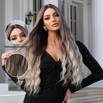 ALAN EATON Long Curly Wavy Synthetic Wigs for Women Brown to Blonde Ombre Hair Wig Ntural Middle Parted Party Wig Heat Resistant - Merit Sell