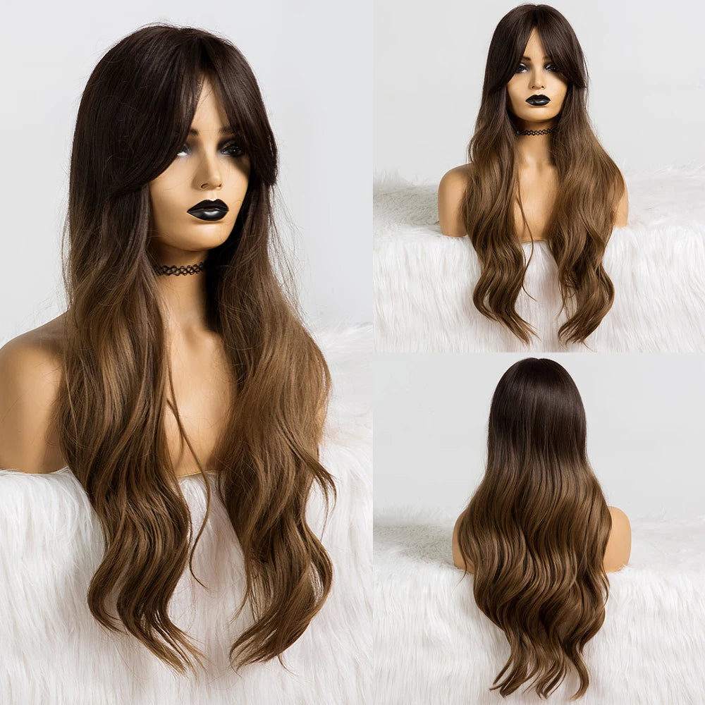 ALAN EATON Long Curly Wavy Synthetic Wigs for Women Brown to Blonde Ombre Hair Wig Ntural Middle Parted Party Wig Heat Resistant - Merit Sell