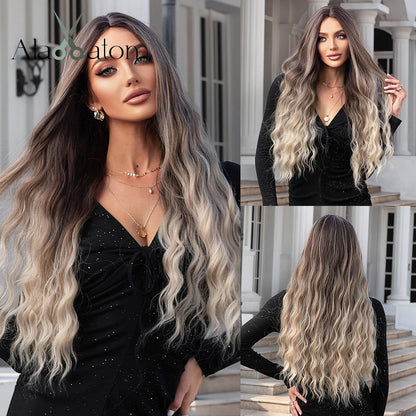 ALAN EATON Long Curly Wavy Synthetic Wigs for Women Brown to Blonde Ombre Hair Wig Ntural Middle Parted Party Wig Heat Resistant - Merit Sell