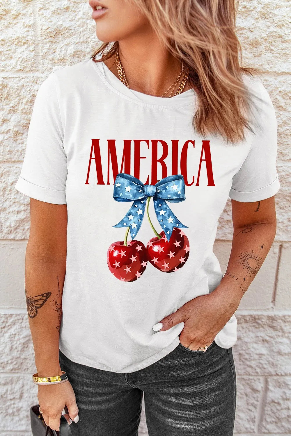 AMERICA Bow Cherry Crewneck T Shirt - Merit Sell