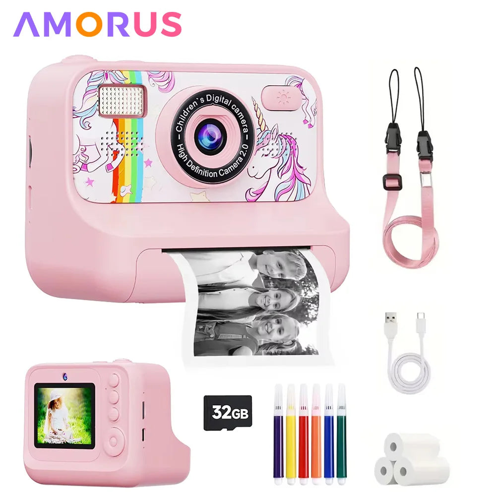 AMORUS Kids Instant Print Digital Camera Photo Label Thermal Print Camera for Girl Boys Gifts With 32G and 3 Rolls Printer Paper - Merit Sell