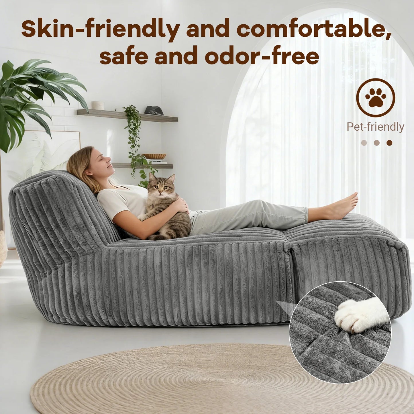 Big Bean Bag Lounger Chairs LargBeanbag Chair for Adults Bean Bag Sofa witlMemory Foam Filled for Living Room,Bedroom ,Grey