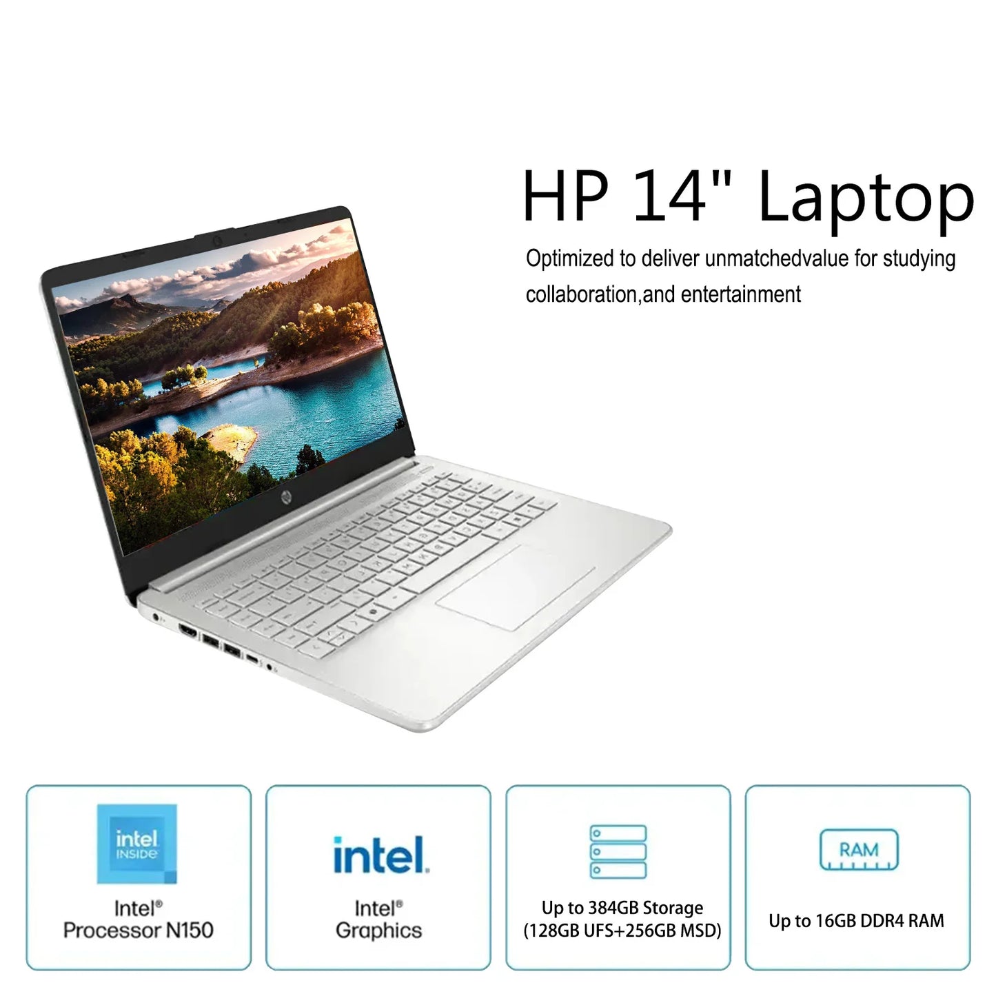 HP Laptop, 14" HD Student Laptop, Intel N150 Quad-Core Processor, Up to 16GB RAM, Up to 384GB Storage, Win 11 Pro Mouse