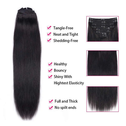 Straight Clip in Hair Extensions Real Human Hair 8Pcs Remy Human Hair Clip Natural Soft Human Hair 120g #1B Natural Black