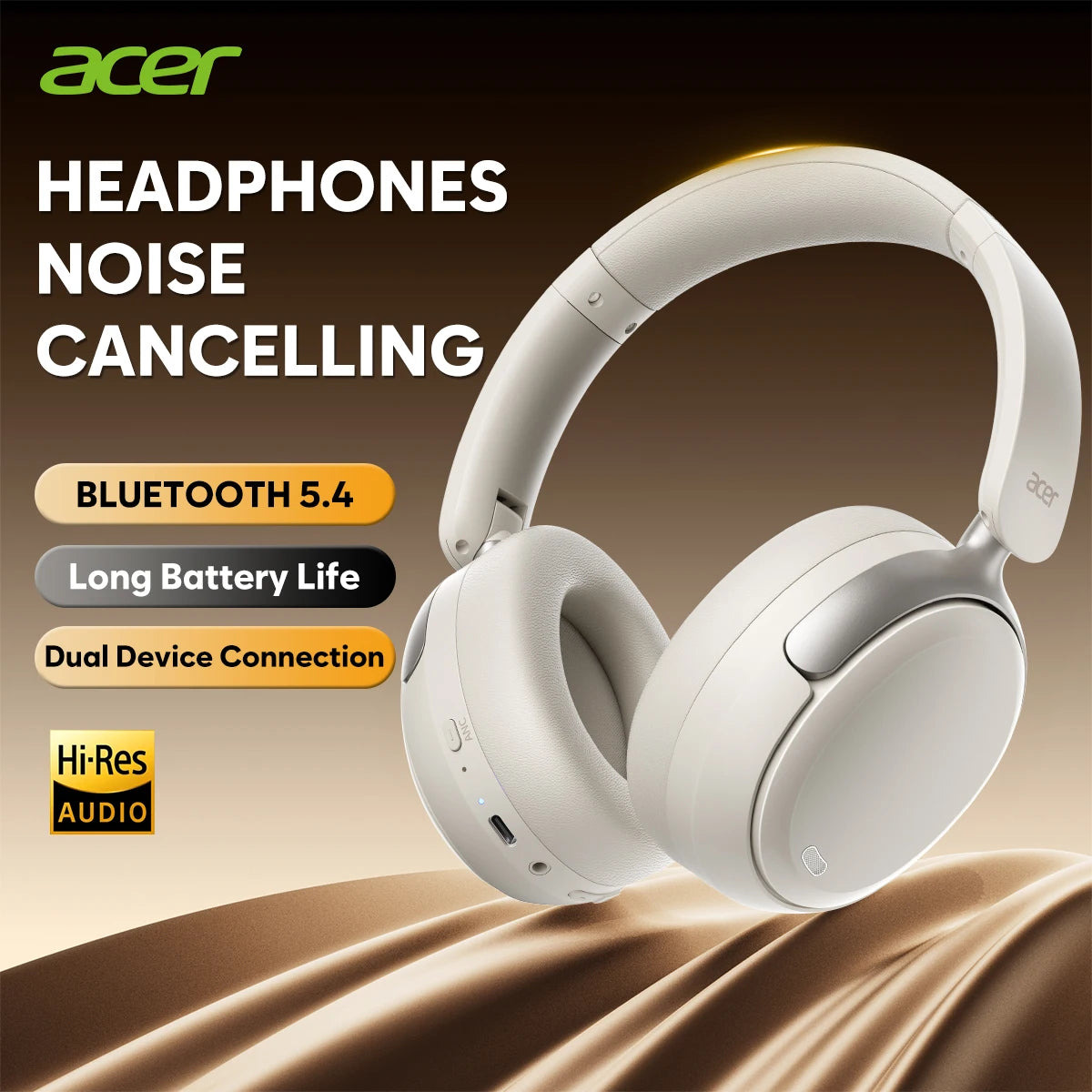Acer OHR516 ANC Wireless Headphone Noise Cancelling Hi-Res Spatial Audio Earphone Bluetooth Over Ear Headset 40mm Dynamic Driver - Merit Sell