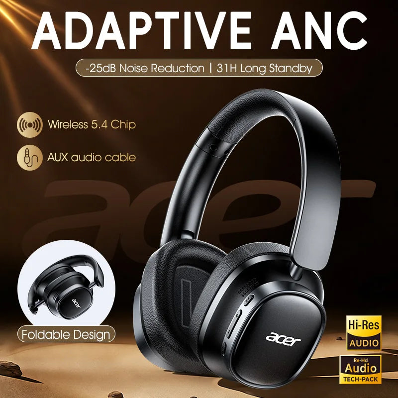 Acer headphones with noise reduction features on a dark background