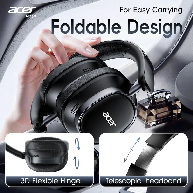 Acer foldable headphones being held by a hand with text highlighting features like 3D flexible hinge and telescopic headband.