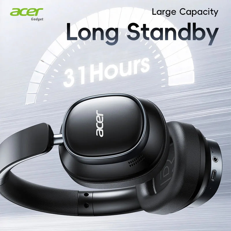 Black Acer headphones with 'Large Capacity Long Standby 31 Hours' text on a gray background