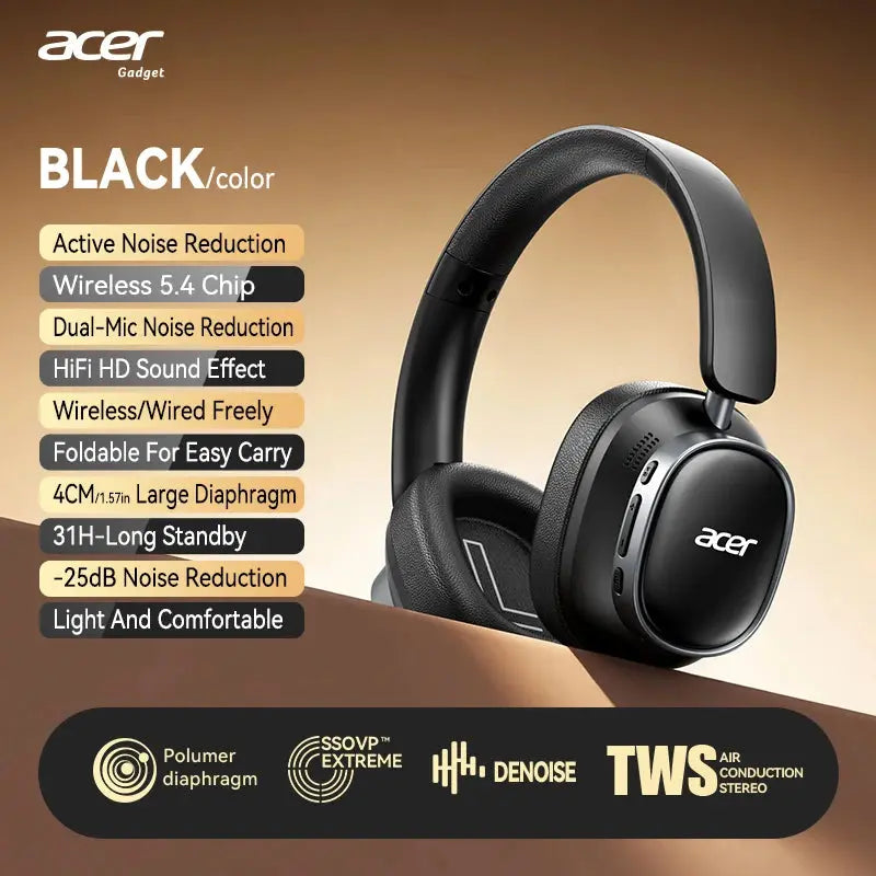 Acer wireless over-ear headphones in black, shown on a brown gradient background with product features and specifications listed on the left side.