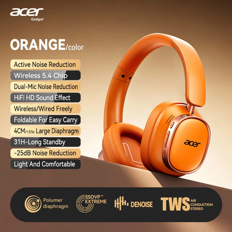 Orange headphones with Acer branding and feature list on a brown background