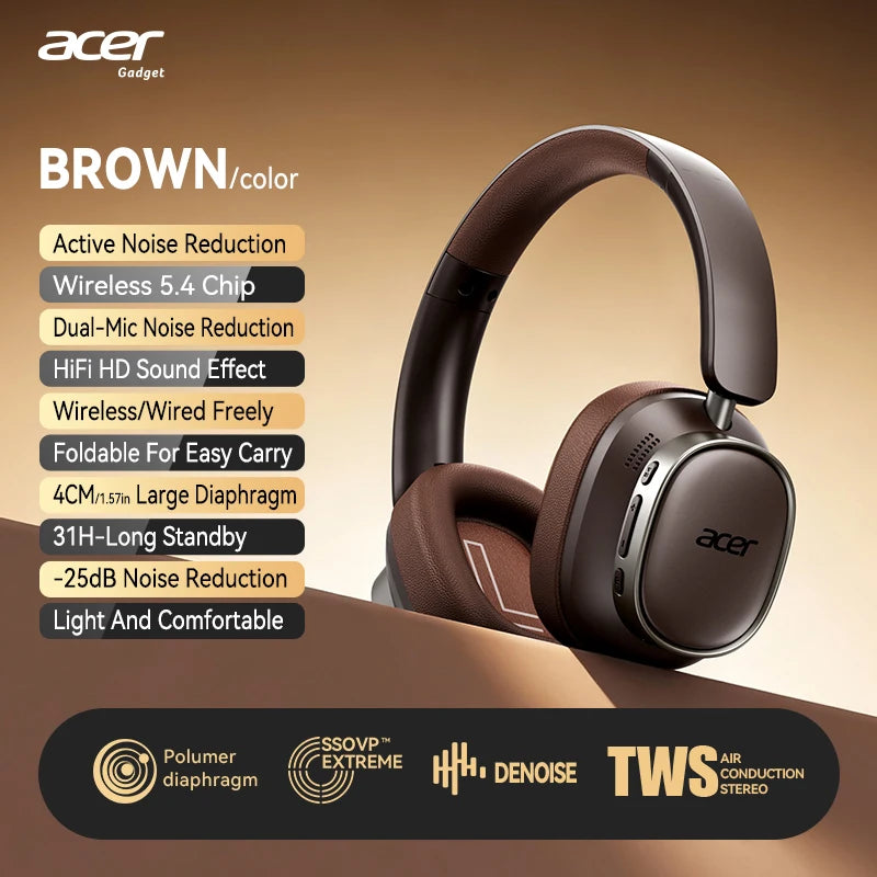 Acer headphones with feature list on a brown background