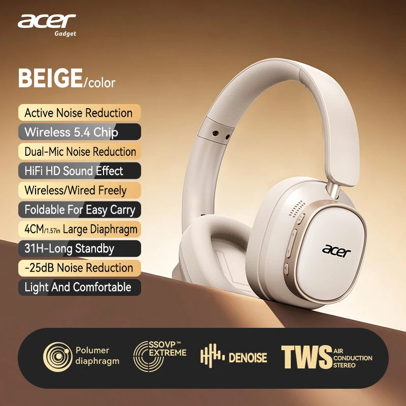 Acer headphones with feature list on a gradient background