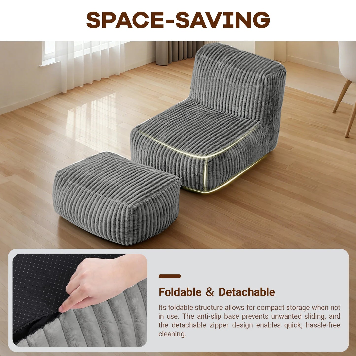 Big Bean Bag Lounger Chairs LargBeanbag Chair for Adults Bean Bag Sofa witlMemory Foam Filled for Living Room,Bedroom ,Grey
