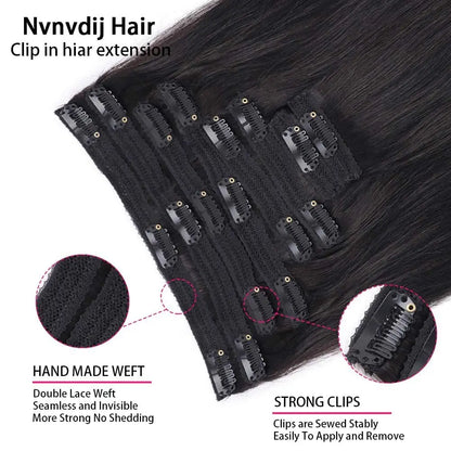 Straight Clip in Hair Extensions Real Human Hair 8Pcs Remy Human Hair Clip Natural Soft Human Hair 120g #1B Natural Black