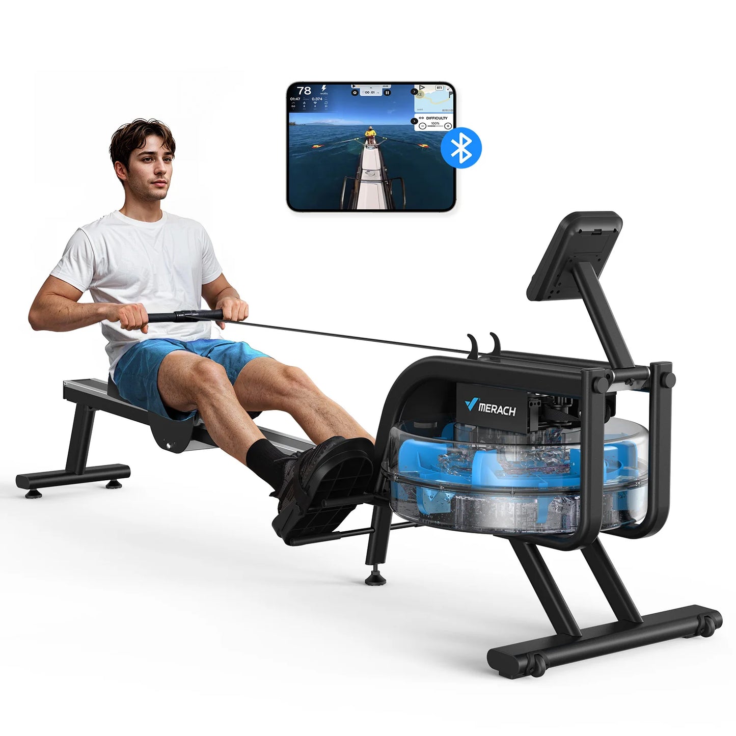 MERACH Water Rowing Machines 16 Levels of Quiet Resistance Foldable Compact Rowing Machine 350 LB Weight Capacity with Bluetooth
