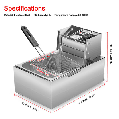 Aoresac 6L Electric Deep Fryer with Removable Oil Filtration Basket 1500W Stainless Steel Automatic Thermostatic Fish Frye - Merit Sell
