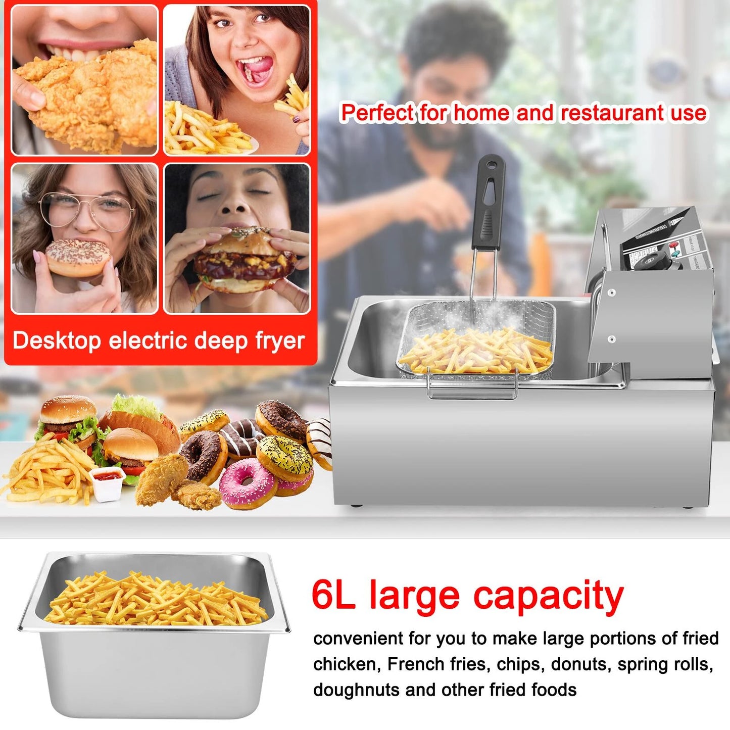 Aoresac 6L Electric Deep Fryer with Removable Oil Filtration Basket 1500W Stainless Steel Automatic Thermostatic Fish Frye - Merit Sell