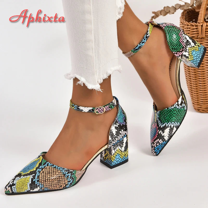 Aphixta 5cm 7cm Square Heel Summer Ankle Strap Pointed Toe Sandals Women Snake Prints Green Leather Open Shoes Pimp Plus Size 46 - Merit Sell