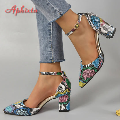 Aphixta 5cm 7cm Square Heel Summer Ankle Strap Pointed Toe Sandals Women Snake Prints Green Leather Open Shoes Pimp Plus Size 46 - Merit Sell