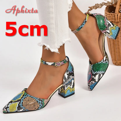 Aphixta 5cm 7cm Square Heel Summer Ankle Strap Pointed Toe Sandals Women Snake Prints Green Leather Open Shoes Pimp Plus Size 46 - Merit Sell