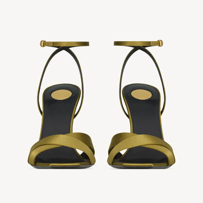 Arden Furtado 2025 Summer Satin Wedges Round Toe Belt buckle Super high heel Mixed Colors word-cingulate sandals large size - Merit Sell