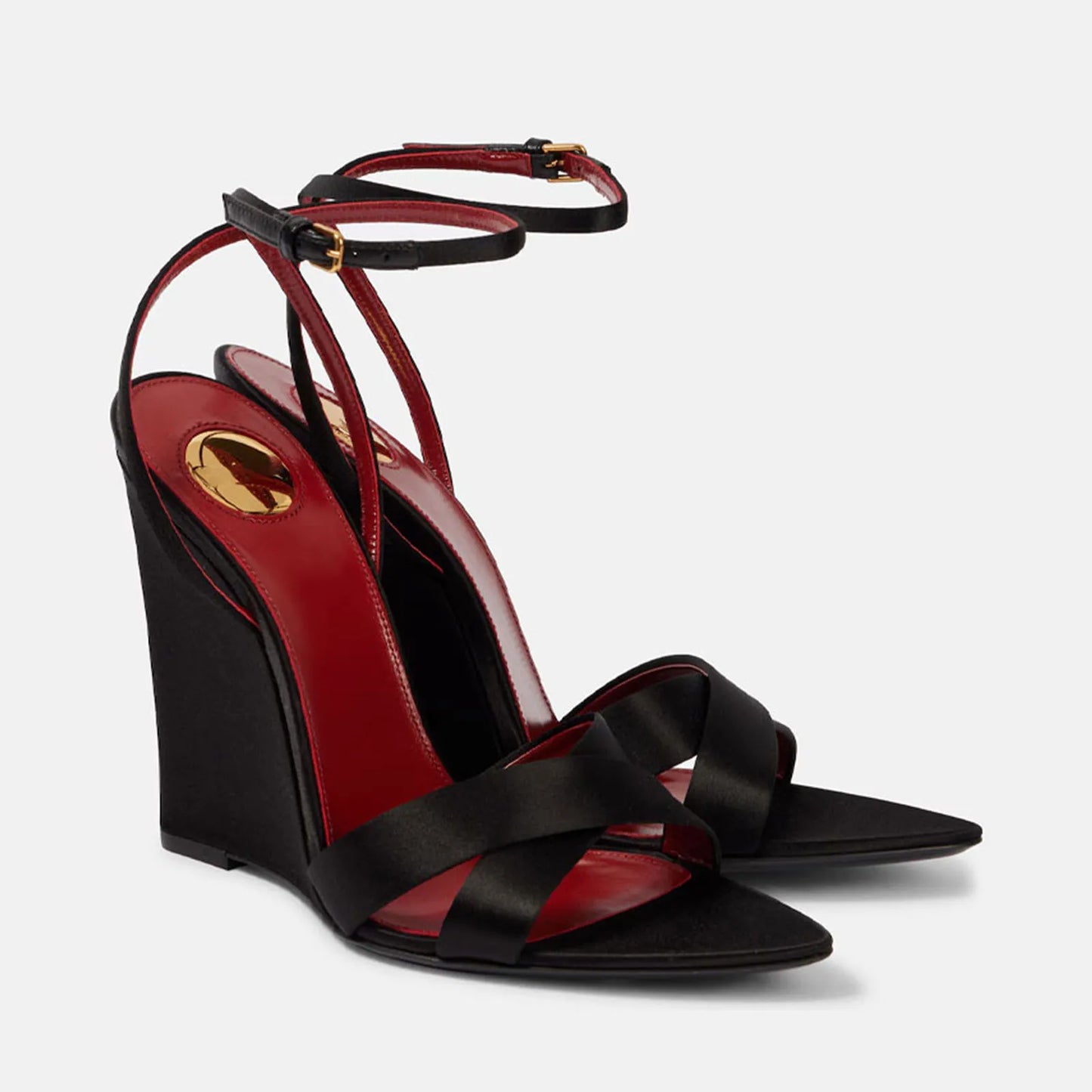 Arden Furtado 2025 Summer Satin Wedges Round Toe Belt buckle Super high heel Mixed Colors word-cingulate sandals large size - Merit Sell