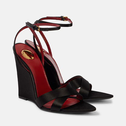 Arden Furtado 2025 Summer Satin Wedges Round Toe Belt buckle Super high heel Mixed Colors word-cingulate sandals large size - Merit Sell