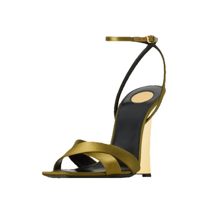 Arden Furtado 2025 Summer Satin Wedges Round Toe Belt buckle Super high heel Mixed Colors word-cingulate sandals large size - Merit Sell