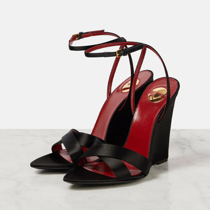 Arden Furtado 2025 Summer Satin Wedges Round Toe Belt buckle Super high heel Mixed Colors word-cingulate sandals large size - Merit Sell