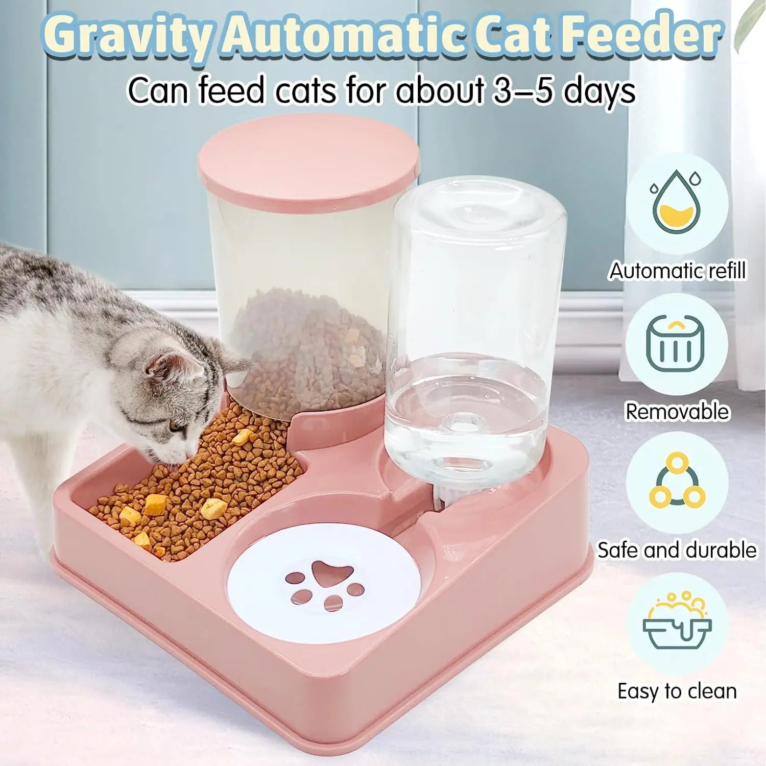 Automatic Cat Feeder Water Dispenser Set, 2 In 1 Tilted Automatic Pet Food And Water Feeder Gravity Food Feeder and Waterer - Merit Sell
