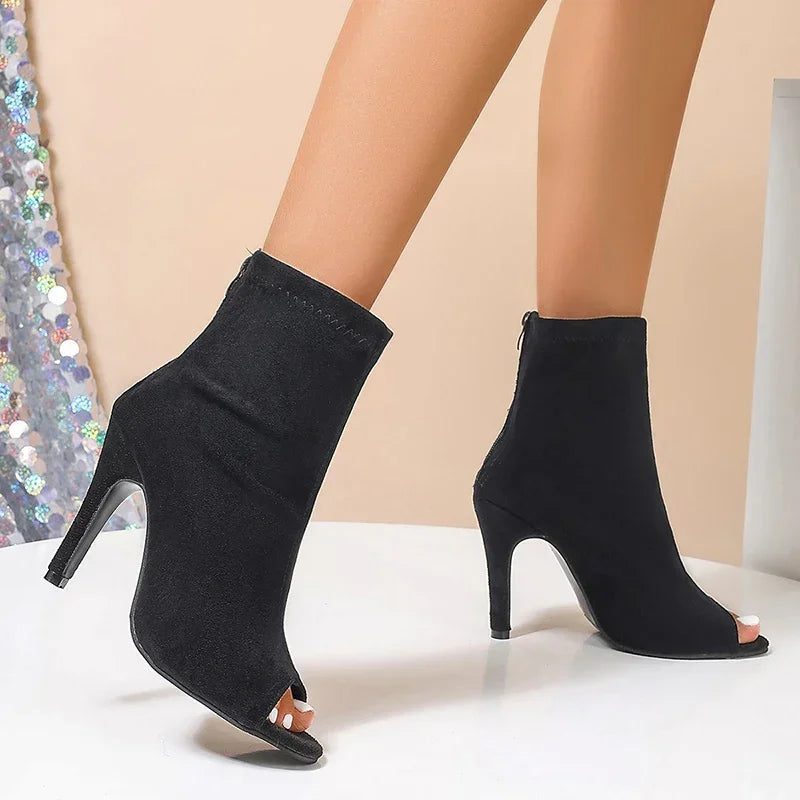 Autumn Women Peep Toe Ankle Boots Fashion Elegant Elastic Fabric Shoes High Heel Women's Zippers Morder Short Booties - Merit Sell