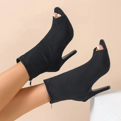 Autumn Women Peep Toe Ankle Boots Fashion Elegant Elastic Fabric Shoes High Heel Women's Zippers Morder Short Booties - Merit Sell
