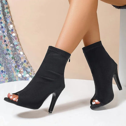 Autumn Women Peep Toe Ankle Boots Fashion Elegant Elastic Fabric Shoes High Heel Women's Zippers Morder Short Booties - Merit Sell