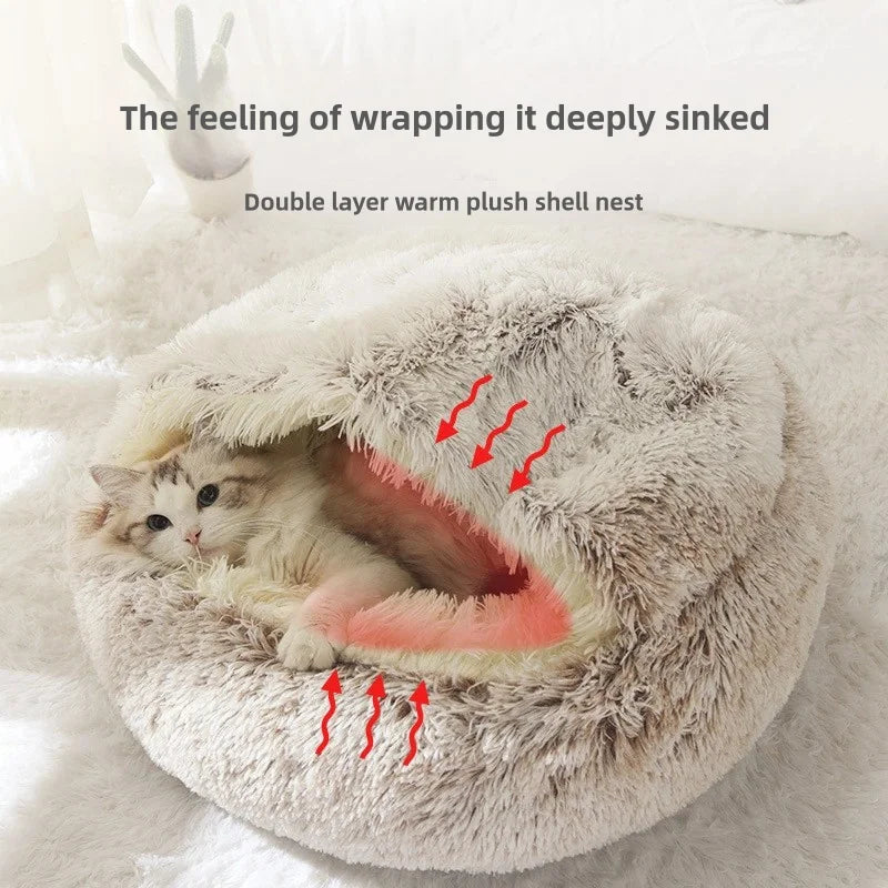 Autumn and Winter soft plush pet bed and pet bed Winter warm and cold plush comforter nest Shell cat nest semi-enclosed cat nest - Merit Sell