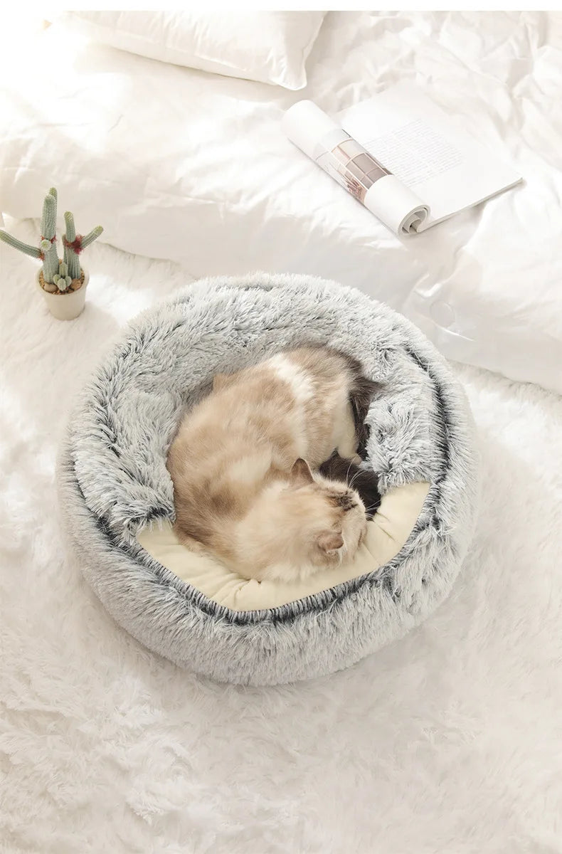 Autumn and Winter soft plush pet bed and pet bed Winter warm and cold plush comforter nest Shell cat nest semi-enclosed cat nest - Merit Sell