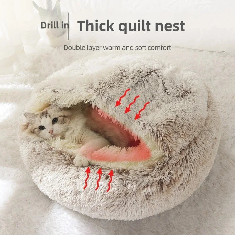 Autumn and Winter soft plush pet bed and pet bed Winter warm and cold plush comforter nest Shell cat nest semi-enclosed cat nest - Merit Sell