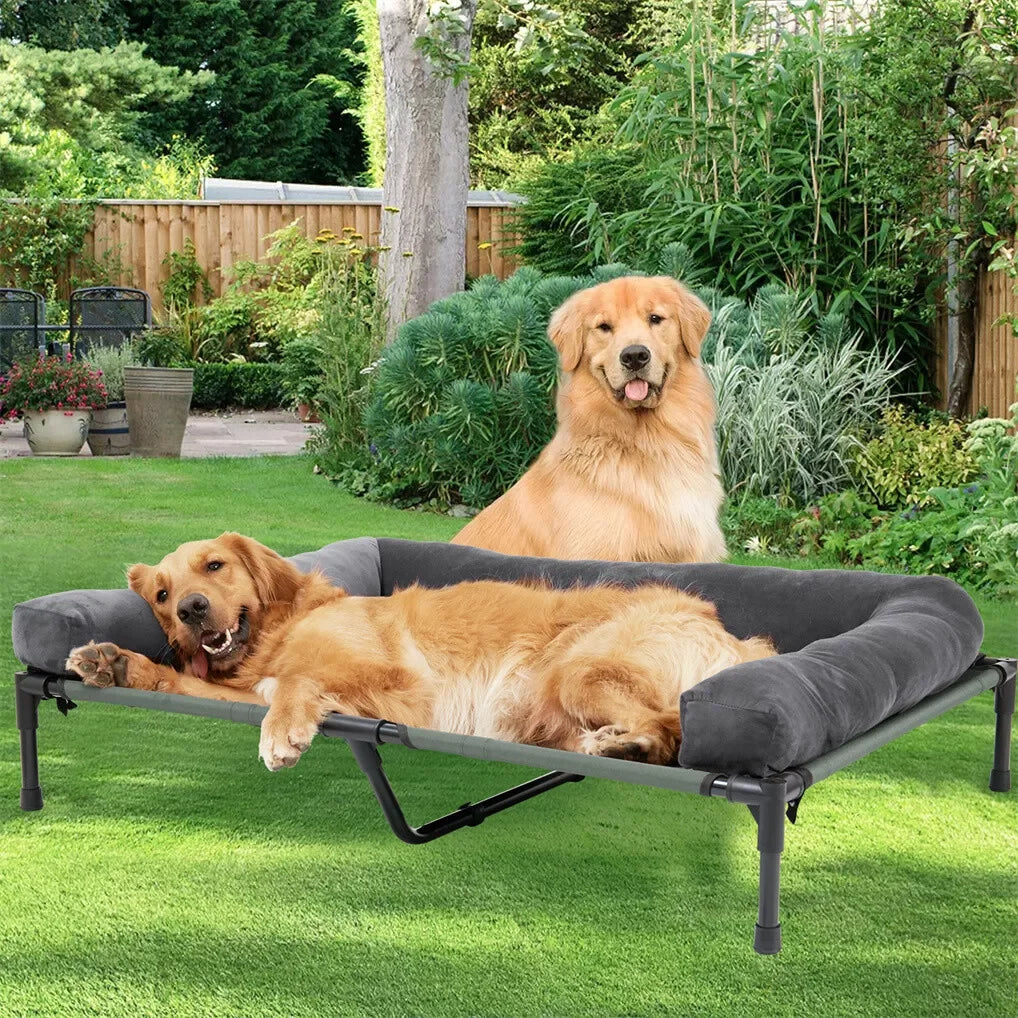 BINGOPAW Outdoor Elevated Dog Bed Cooling Raised Pet Lounger Bed Mesh Cot Sleep Camping Bed with Detachable Plush Bolster - Merit Sell