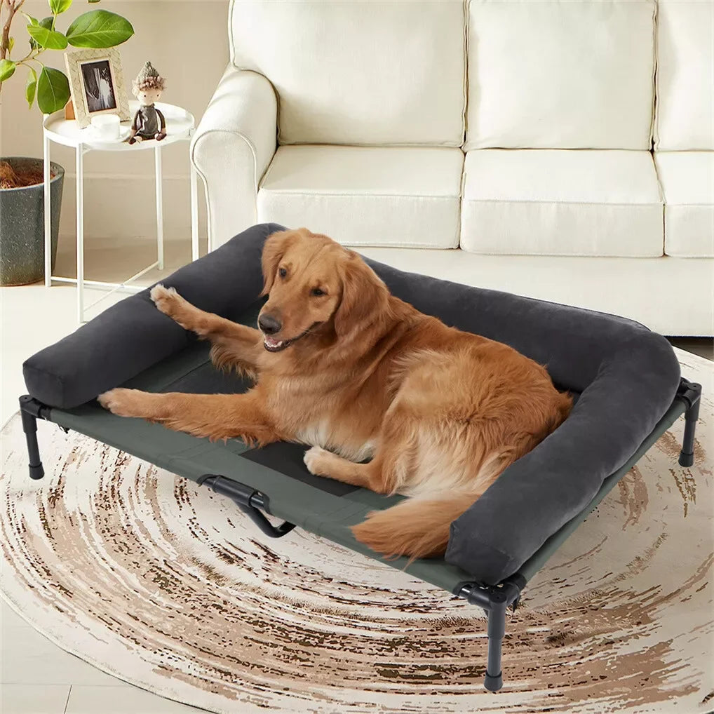 BINGOPAW Outdoor Elevated Dog Bed Cooling Raised Pet Lounger Bed Mesh Cot Sleep Camping Bed with Detachable Plush Bolster - Merit Sell