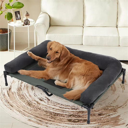 BINGOPAW Outdoor Elevated Dog Bed Cooling Raised Pet Lounger Bed Mesh Cot Sleep Camping Bed with Detachable Plush Bolster - Merit Sell