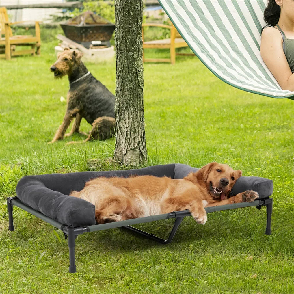 BINGOPAW Outdoor Elevated Dog Bed Cooling Raised Pet Lounger Bed Mesh Cot Sleep Camping Bed with Detachable Plush Bolster - Merit Sell