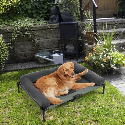 BINGOPAW Outdoor Elevated Dog Bed Cooling Raised Pet Lounger Bed Mesh Cot Sleep Camping Bed with Detachable Plush Bolster - Merit Sell