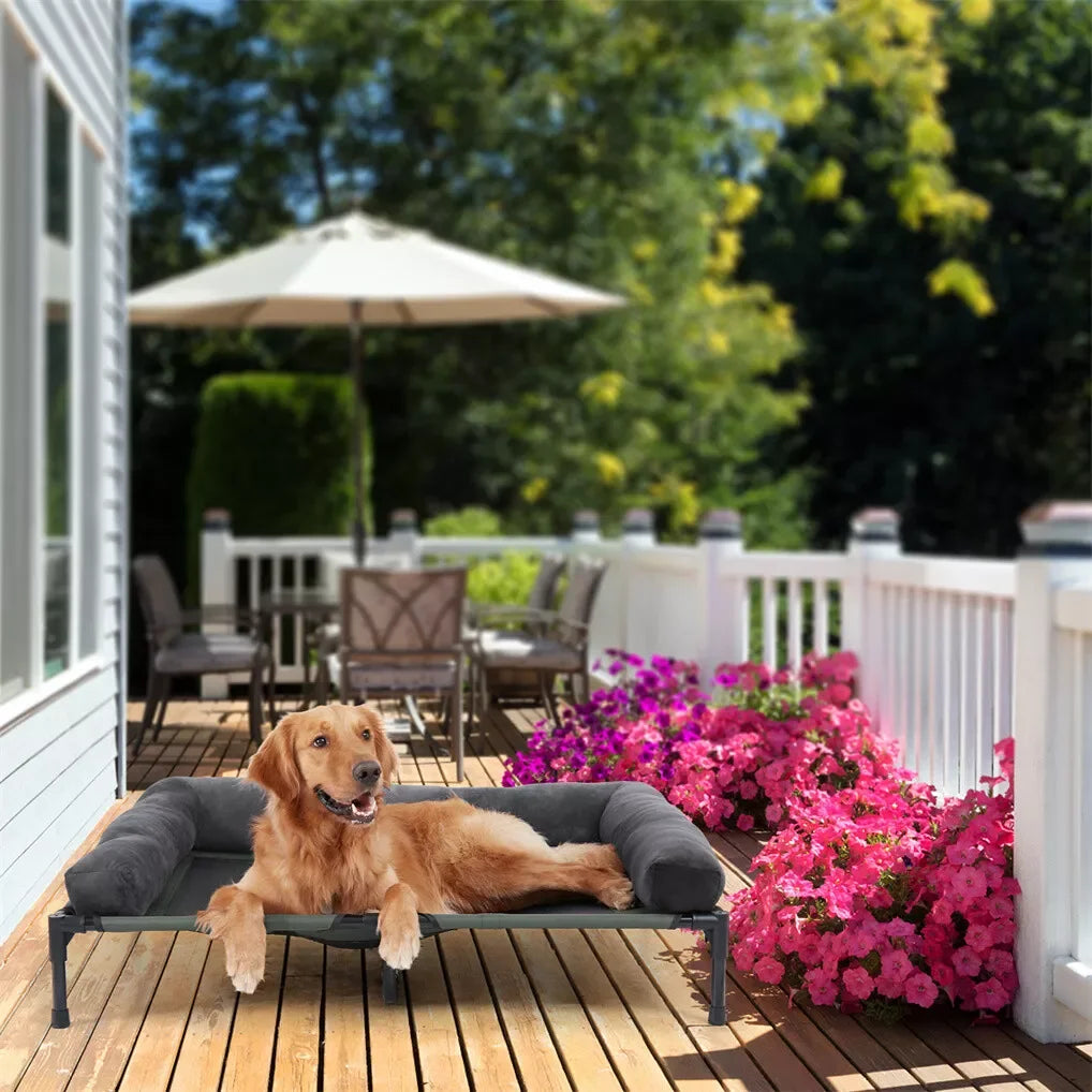 BINGOPAW Outdoor Elevated Dog Bed Cooling Raised Pet Lounger Bed Mesh Cot Sleep Camping Bed with Detachable Plush Bolster - Merit Sell