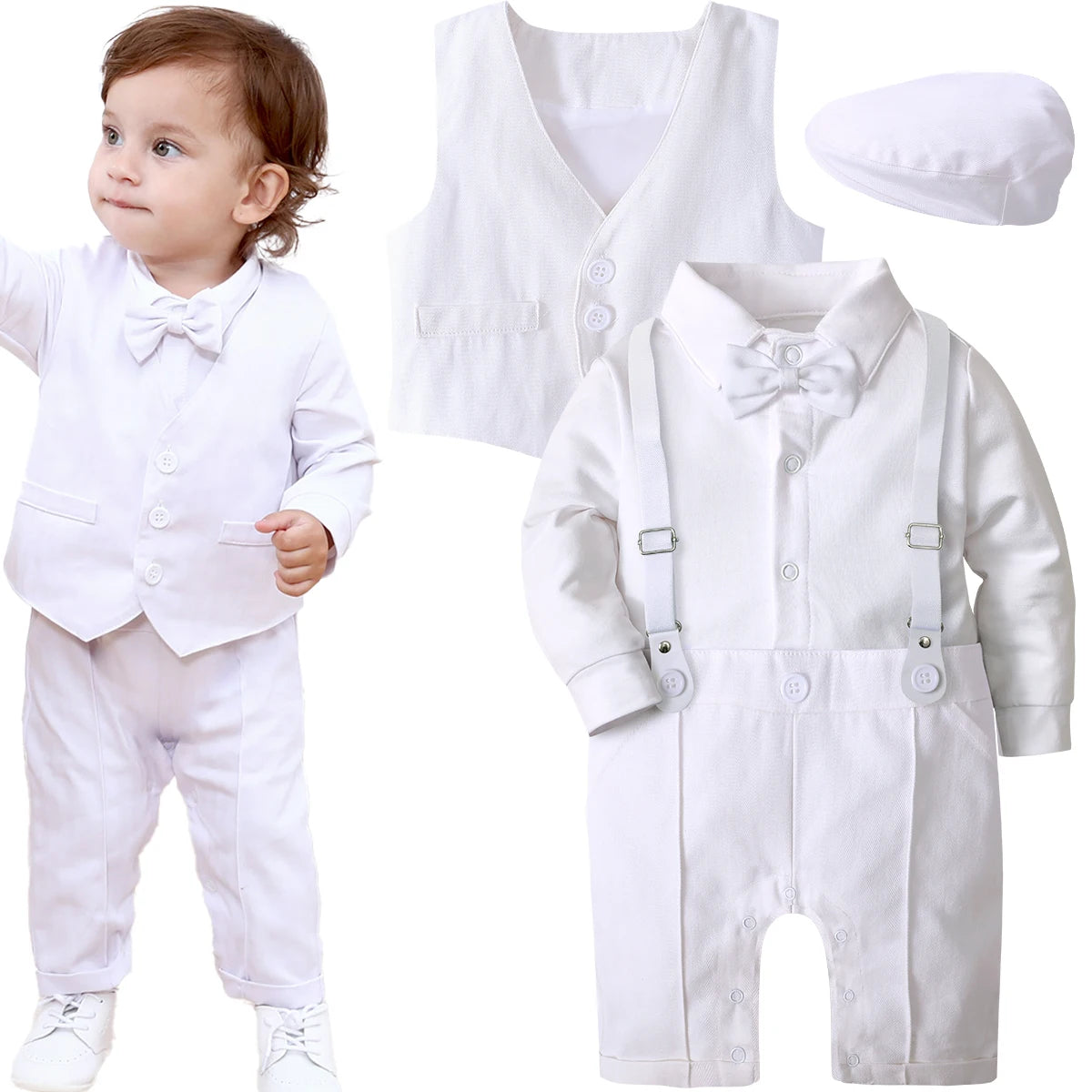 Baby Boy Baptism Suit Christening Outfit Easter Church Set Infant White Clothes Newborn Birthday Party Gift Formal Romper 3PCS - Merit Sell