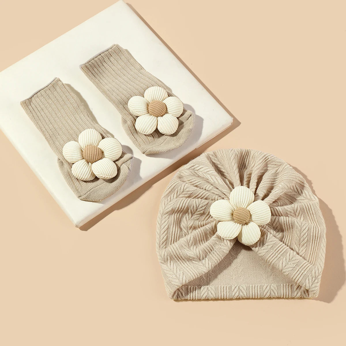 Baby Girls Flower hat Socks Set Cute Newborn Short Tube Sock+ Turban Hat Elastic Soft Infant Indian Caps 0-12M - Merit Sell