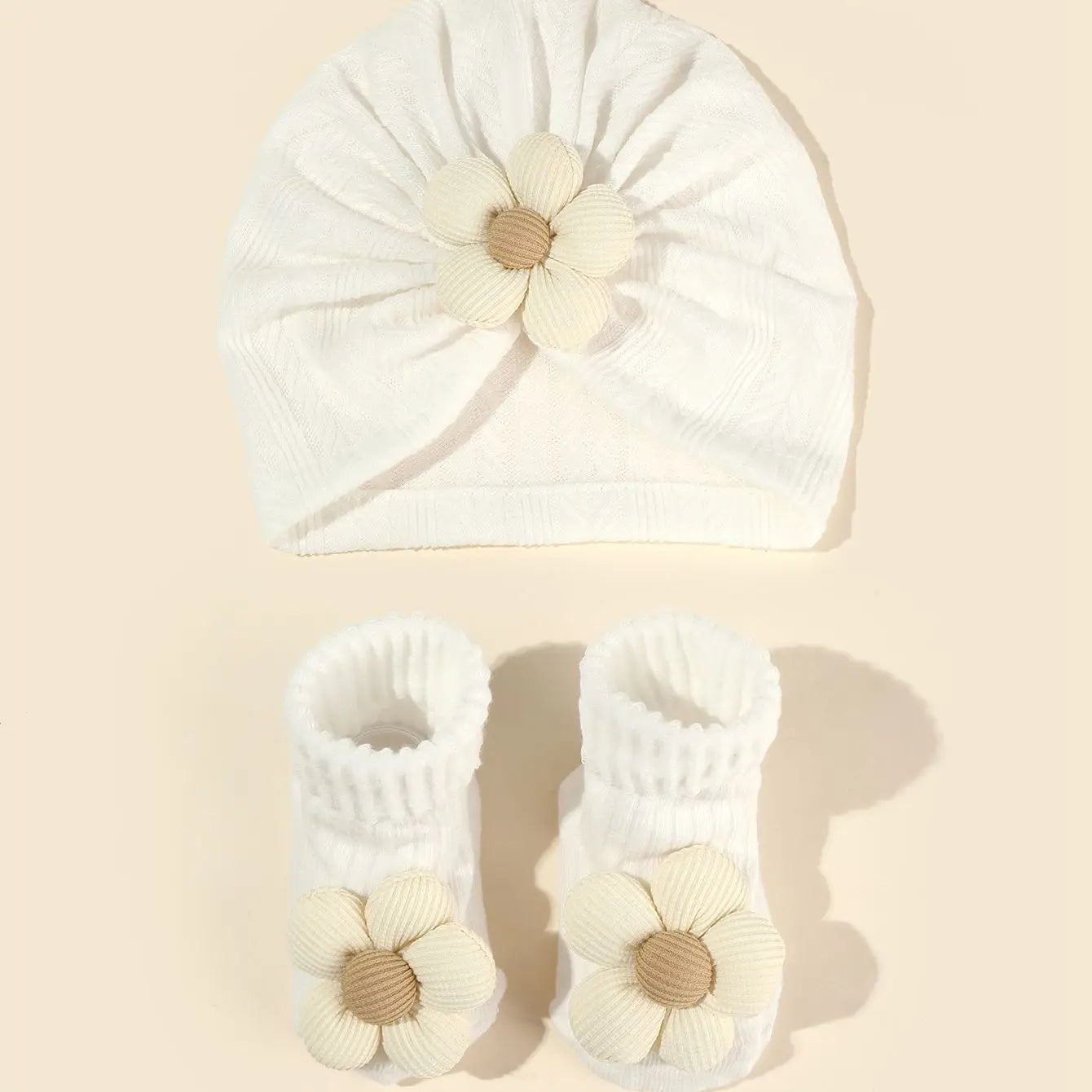 Baby Girls Flower hat Socks Set Cute Newborn Short Tube Sock+ Turban Hat Elastic Soft Infant Indian Caps 0-12M - Merit Sell