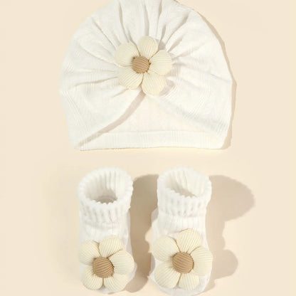 Baby Girls Flower hat Socks Set Cute Newborn Short Tube Sock+ Turban Hat Elastic Soft Infant Indian Caps 0-12M - Merit Sell