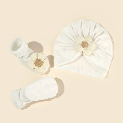 Baby Girls Flower hat Socks Set Cute Newborn Short Tube Sock+ Turban Hat Elastic Soft Infant Indian Caps 0-12M - Merit Sell