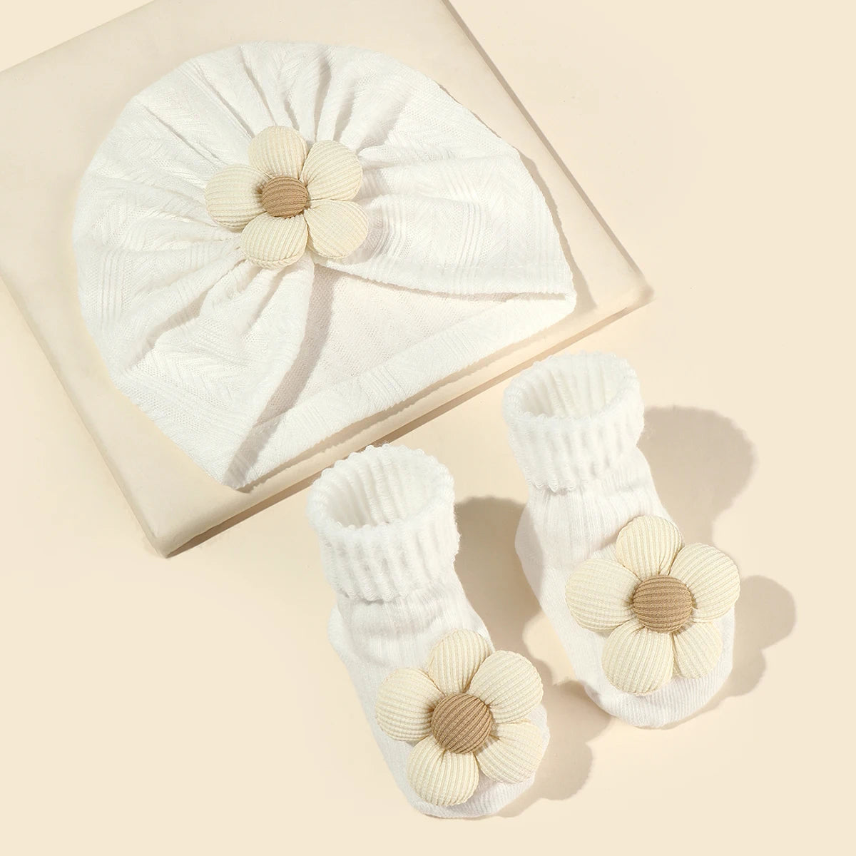 Baby Girls Flower hat Socks Set Cute Newborn Short Tube Sock+ Turban Hat Elastic Soft Infant Indian Caps 0-12M - Merit Sell